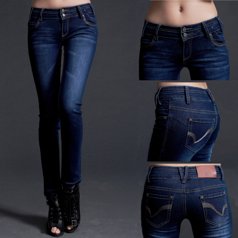 Free shipping 2012 women's mid waist skinny pants slim elastic buttons pants autumn jeans female  Appear thin cotton