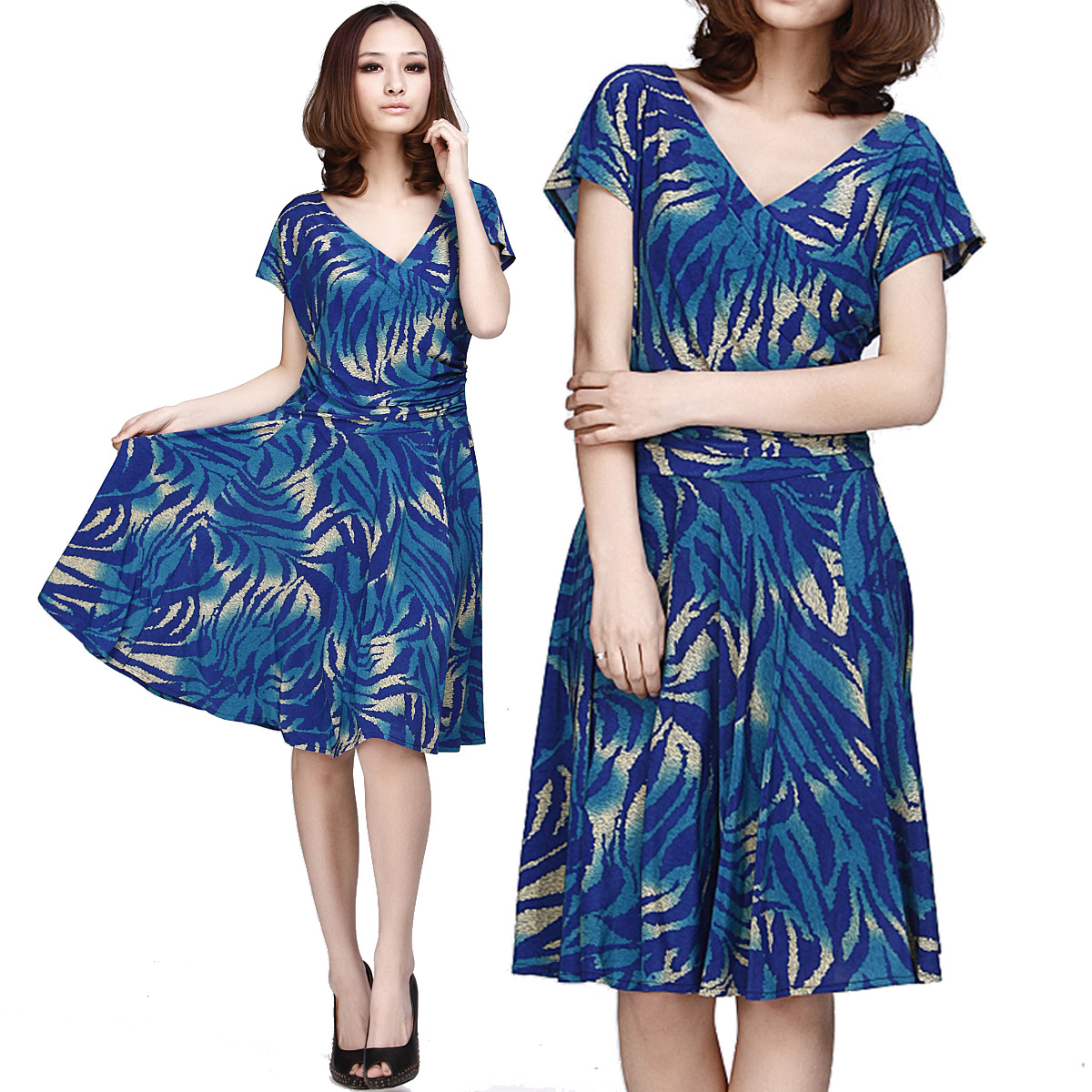 free shipping 2012 women's one-piece dress slim waist full short-sleeve top V-neck plus size