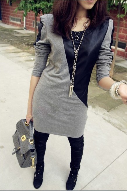 Free shipping 2012 women's patchwork leather cool decoration slim long design t-shirt-a35