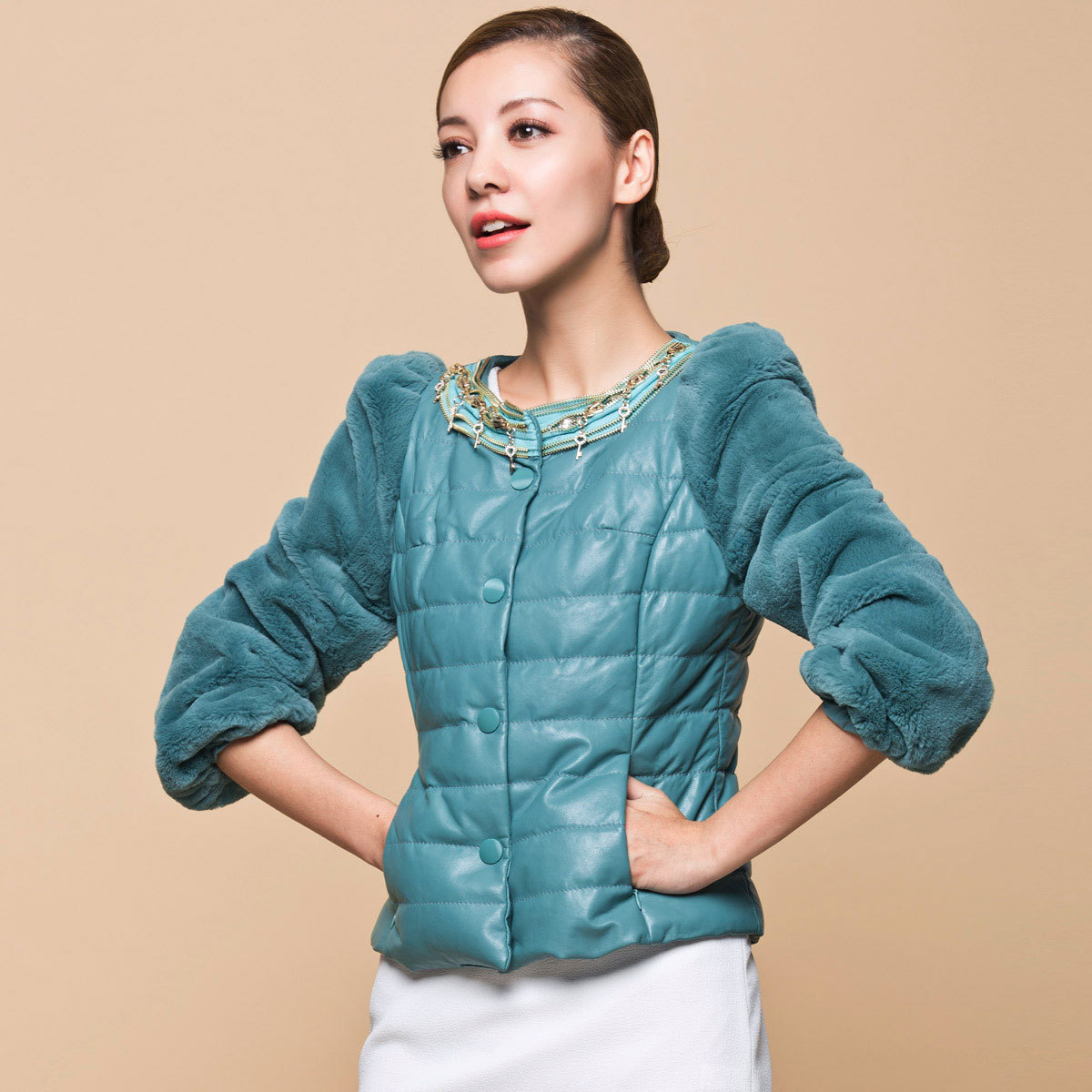 free shipping  2012 women's short design rex rabbit patchwork fur sheepskin leather clothing outerwear qd-131