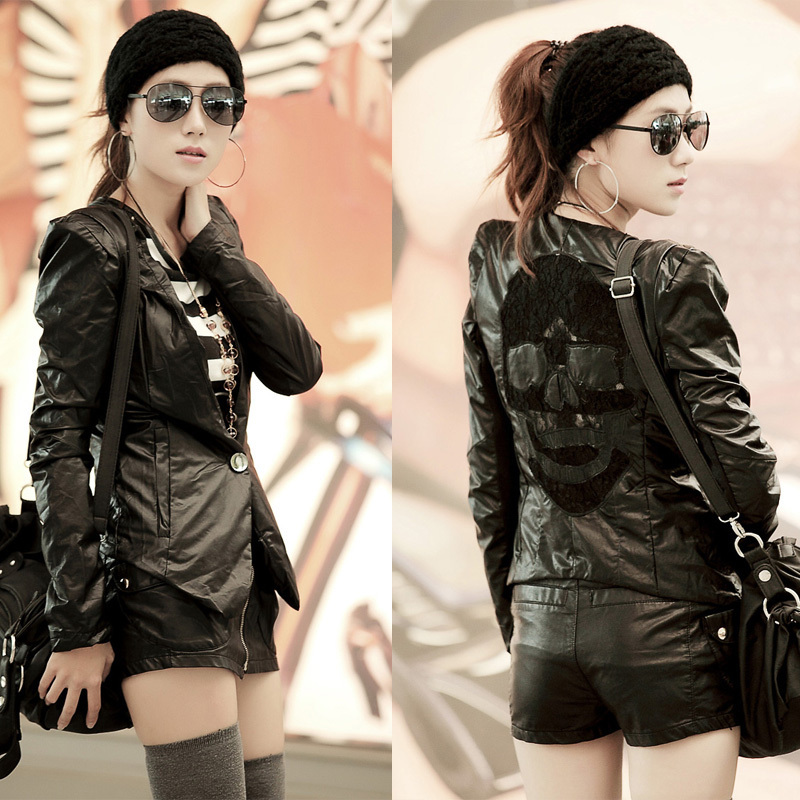 free shipping 2012 women's slim lace decoration leather clothing blazer one button PU suit