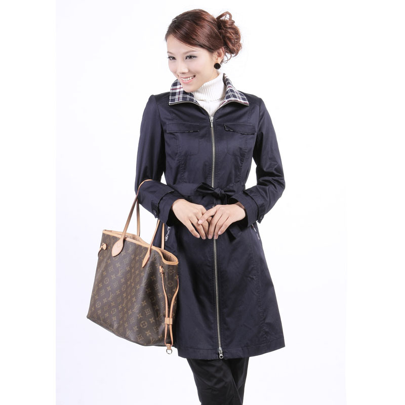 FREE SHIPPING 2012 women's slim medium-long turn-down collar plaid fashion cool trench outerwear autumn and winter