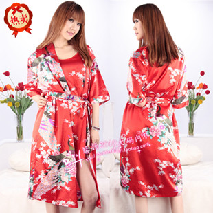 Free Shipping 2012 women's spaghetti strap nightgown faux silk sleepwear bathrobes twinset robe summer lounge female winter