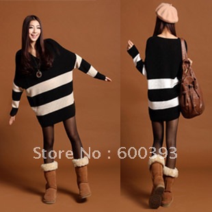 Free shipping 2012 women's stripe loose long design pullover V-neck sweater batwing sleeve sweater outerwear plus size