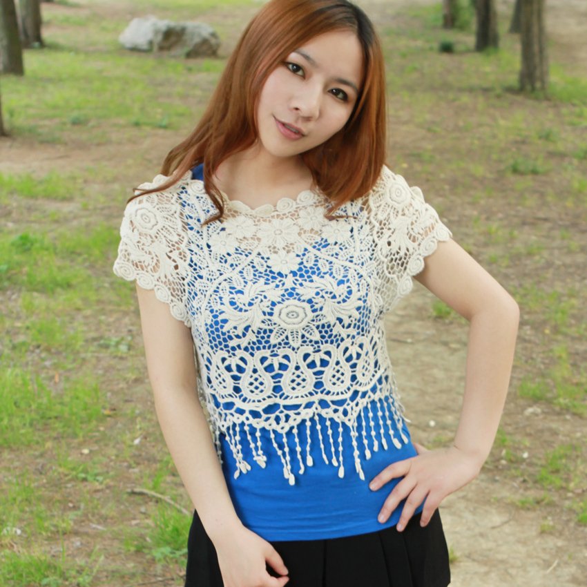 Free shipping! 2012 women's summer tassel loose vintage cutout crochet sweater shirt shrug cape