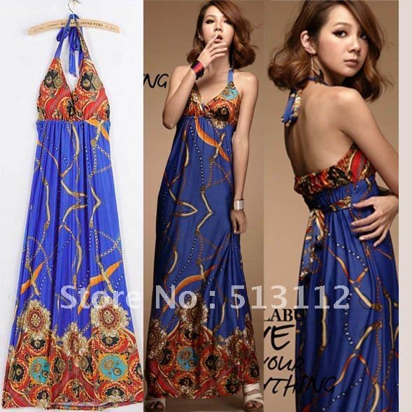 Free Shipping 2012 Women Sexy Halter Backless Maxi Dress Long Summer Fashion Bohemian Casual Beach Dresses CQ0017