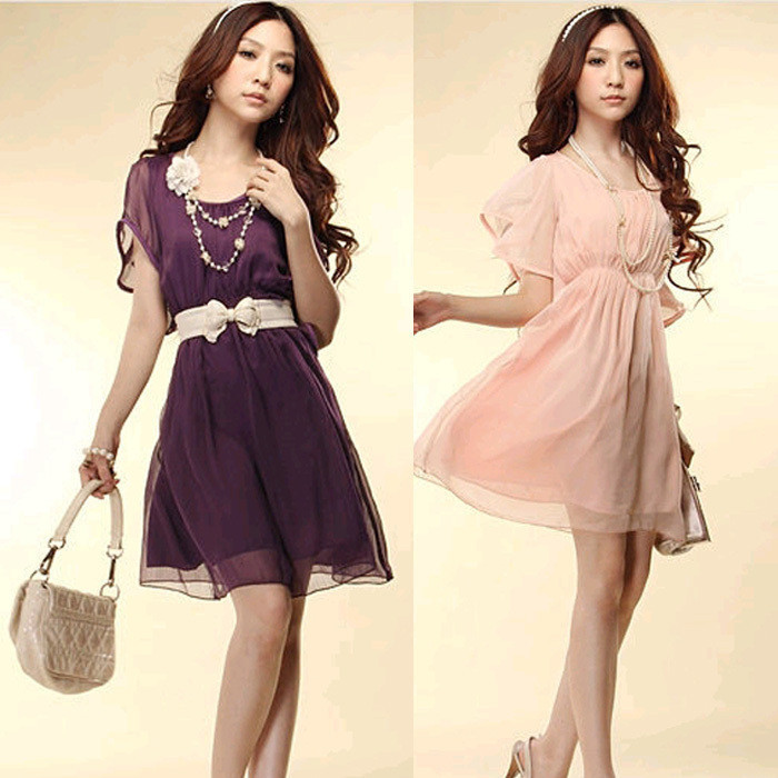 free shipping 2012  women short skirt vintage one-piece dress slim waist slim short-sleeve chiffon one-piece dress solid