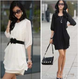 Free shipping 2012 Women Summer Cute Gentle Round Neck Chiffon Half Sleeve Mini Dress 3 Colors EE-003