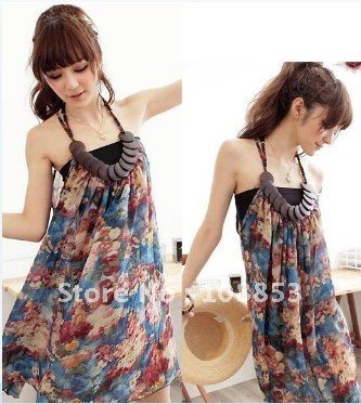 Free Shipping 2012 Women Summer Dress Lady  Printed Beading Beach Chiffon Dress beading Sleeveless Halter Dress