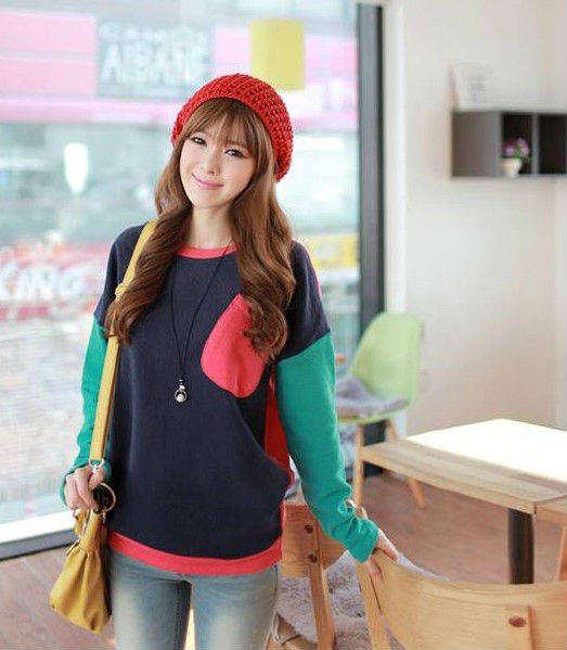 Free shipping  2012 women  sweaters   Fashion Spliced pullovers women's clothing Round neck long-sleeved sweater Wholesale 2204