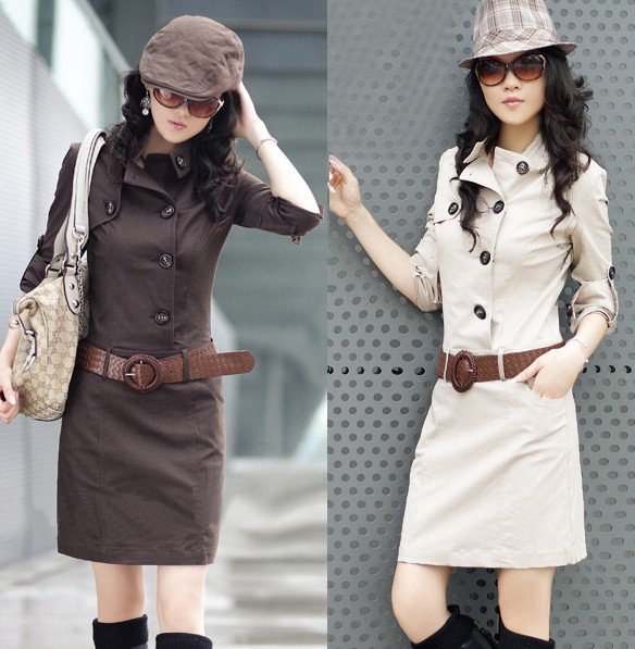Free shipping 2012 Womens dress Stand Collar Long Sleeve Button Dresses With Belt office dress