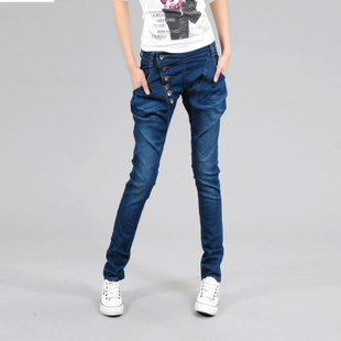 Free shipping 2012 womn's high quality casual denim harem pants female buttons fashion pants jeans five size 2 colors wholesale