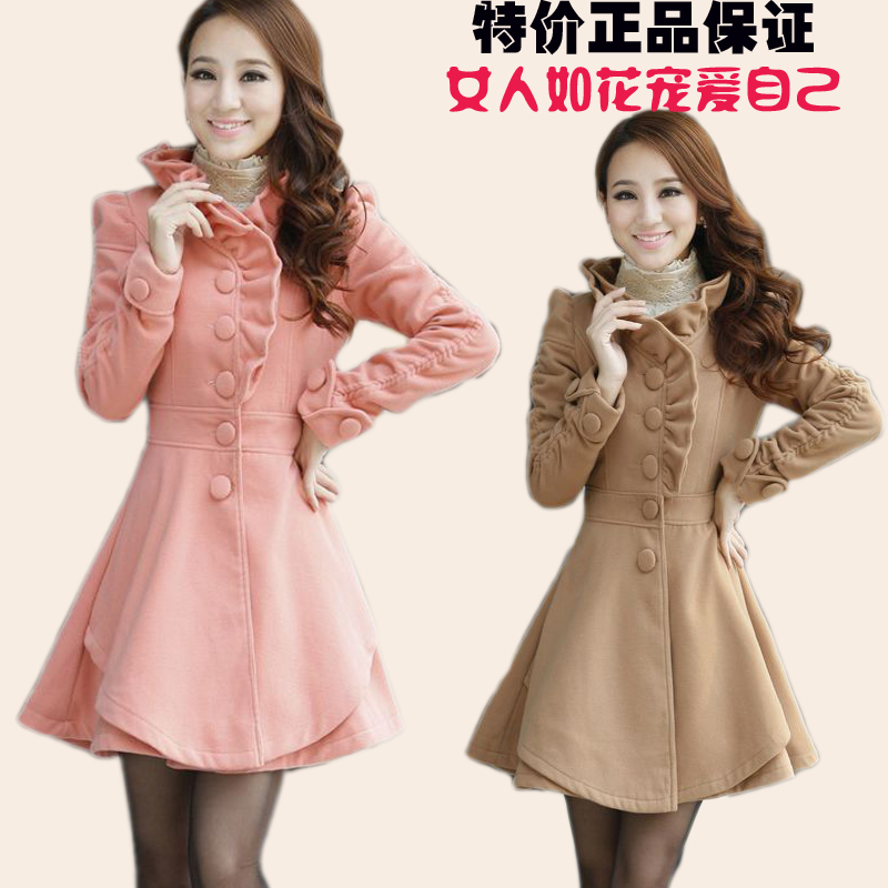 free shipping,2012 woolen medium-long thickening ruffle big coat ,candy colorM L XL XXLB857