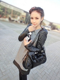 free shipping 2012 woolen patchwork leather shoulder pads small long-sleeve one-piece dress 519
