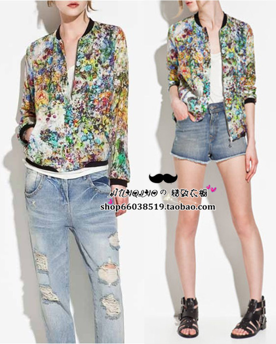 free shipping 2012 zar autumn tropical print flight jacket long-sleeve stand collar flower colorant match short jacket women's