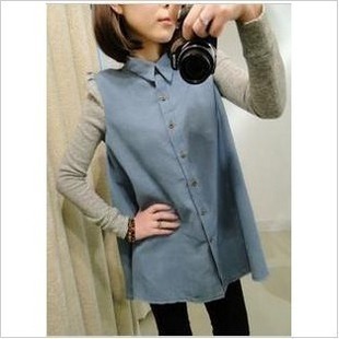 Free shipping 2012autumn women's shoulder ladies blouses cotton women small lapel patchwork denim long-sleeve ladies shirt women