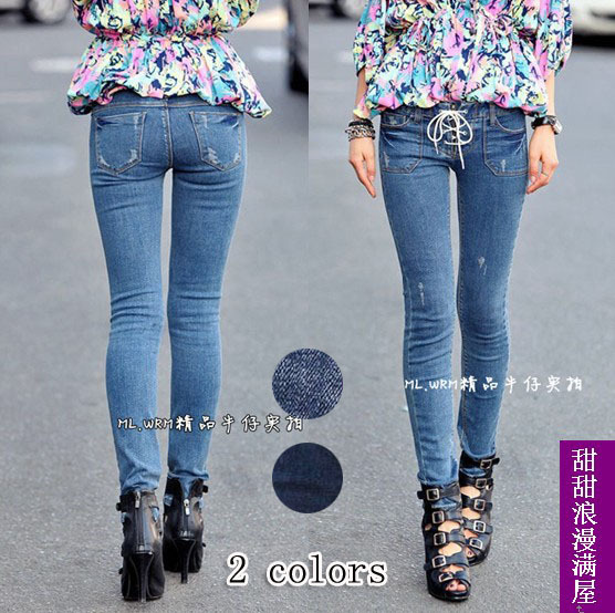 Free Shipping 2013 042318 butt-lifting bandage slim legs blue denim trousers skinny pants pencil trousers wholesale