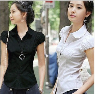 free shipping 2013 100% cotton puff sleeve slim waist white short-sleeve shirt female OL outfit