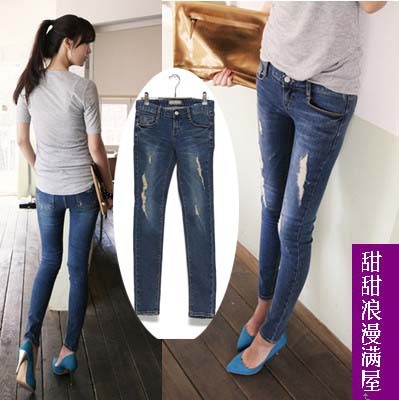 Free Shipping 2013 43208 slim legs butt-lifting distrressed Dark Blue denim trousers skinny pants pencil pants