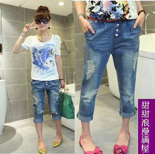 Free Shipping 2013 433008 casual all-match personality hole blue denim pants ankle length trousers straight pants