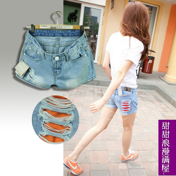 Free Shipping 2013 881103 casual fashion hole oholiab light blue denim shorts
