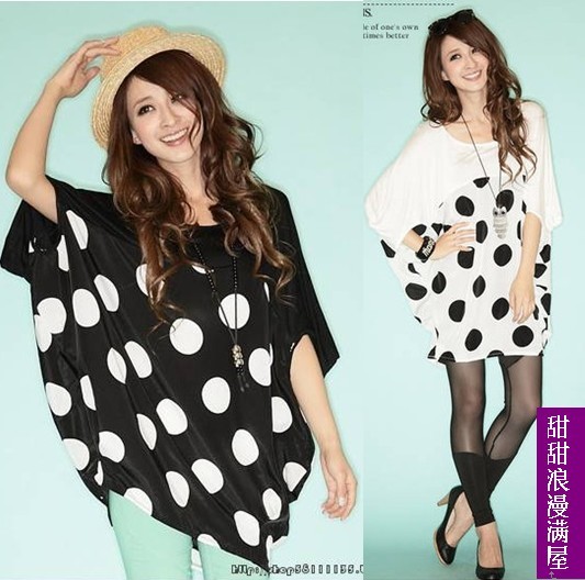 Free Shipping 2013 93465 casual all-match personality patchwork dot sleeve length loose plus size chiffon shirt