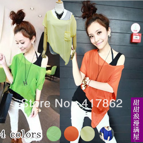 Free shipping 2013 94289 casual personality patchwork faux two piece slit neckline strapless chiffon short-sleeve shirt