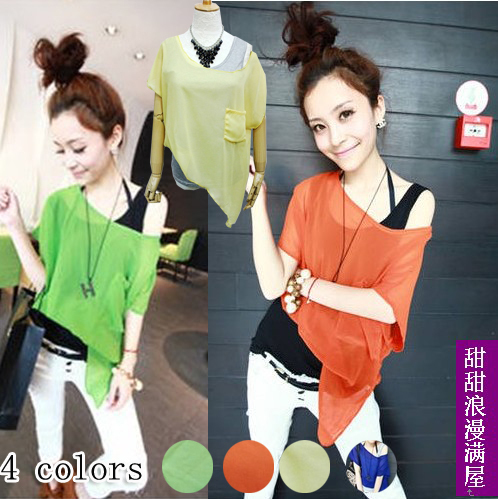 Free Shipping 2013 94289 casual personality patchwork faux two piece slit neckline strapless chiffon short-sleeve shirt