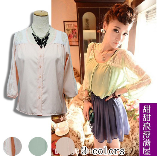 Free Shipping 2013 95183 all-match sweet princess lace patchwork low-high three quarter sleeve chiffon shirt