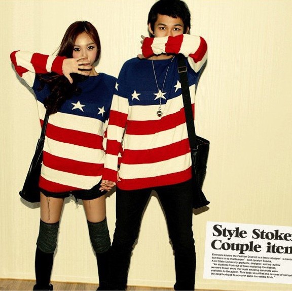 free shipping 2013 American flag sweater women/ men fashion long sleeve pullovers ladies casual star red white stripes sweaters