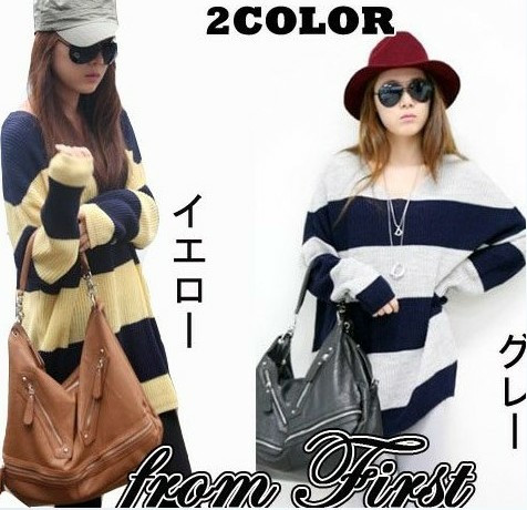 Free Shipping 2013 autumn and winter casual stripe loose V-neck medium-long sweater 379119 high quality wholesale