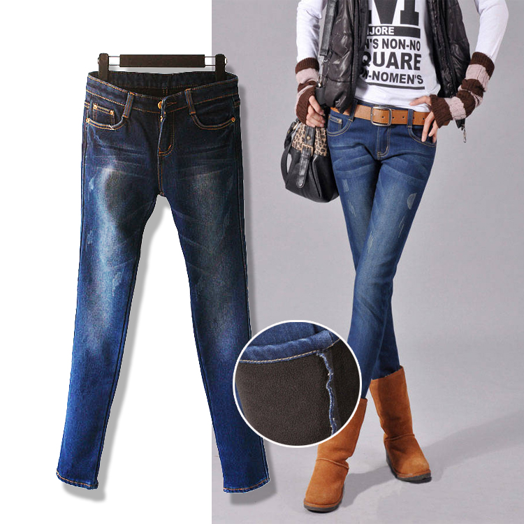 Free Shipping 2013 autumn and winter slim plus velvet thickening blue denim pencil boot cut jeans denim long trousers wholesale