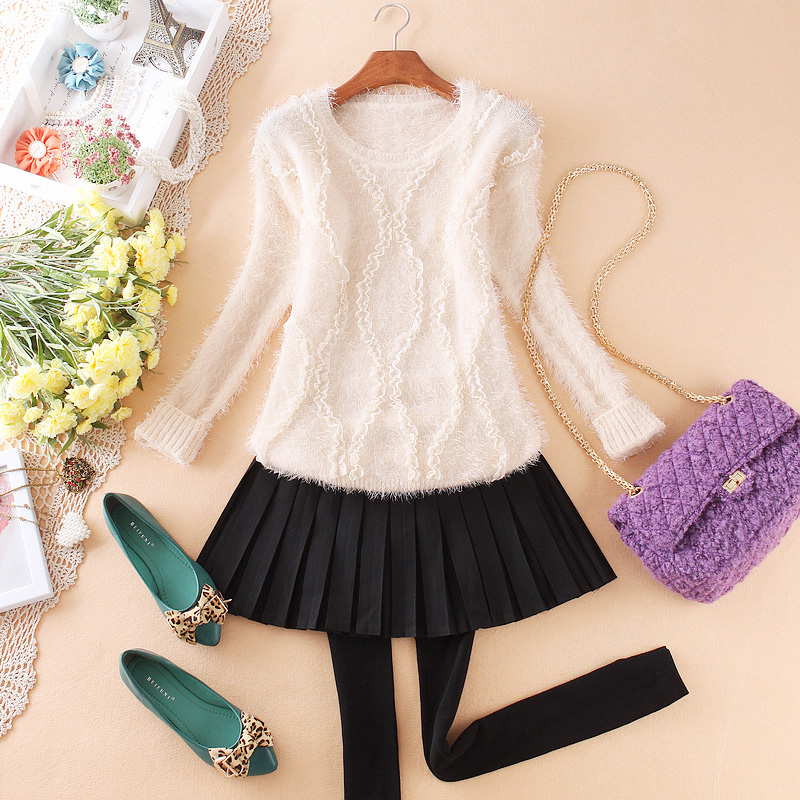 Free Shipping, 2013 autumn and winter sweet lace patchwork plush soft mohair sweater women's pullover