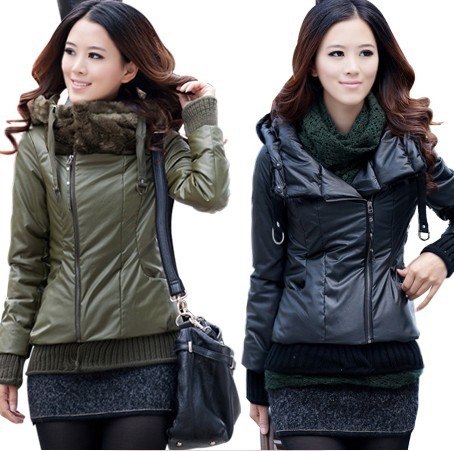 Free Shipping 2013 Autumn and Winter Thickening Fur Collar Women's Short Design PU Wadded Jacket-JAC066