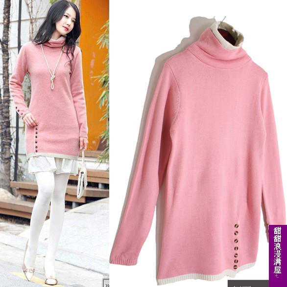 Free Shipping 2013 autumn and winter women 026236 slim medium-long double layer pink turtleneck sweater high quality wholesale