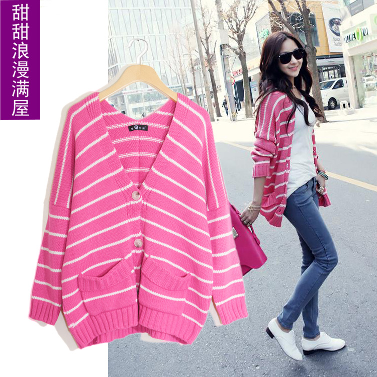 Free Shipping 2013 autumn and winter women 282014 casual double pocket loose stripe cardigan outerwear wholesale