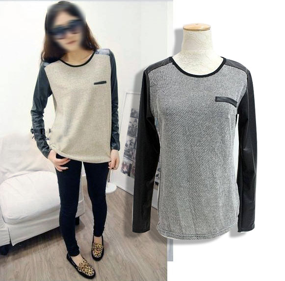 Free shipping 2013 autumn and winter women 689381 casual brief small plaid leather patchwork long-sleeve T-shirt