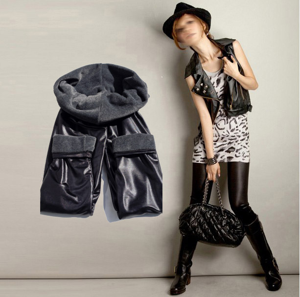 Free Shipping 2013 autumn and winter women 861410 plus velvet matte faux leather double layer thickening ankle length legging