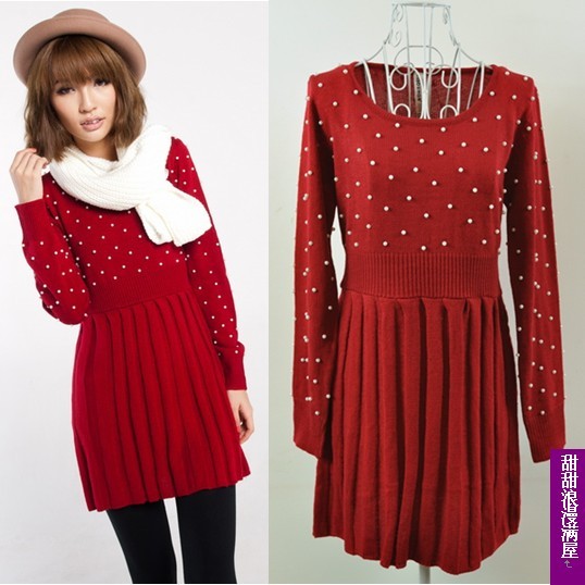 Free Shipping 2013 autumn and winter women 88205 handmade beading slim waist sweater dress high quality wholesale