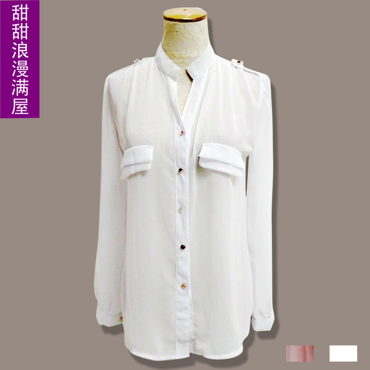 Free Shipping 2013 autumn and winter women 899303 formal ol stand collar pocket chiffon long-sleeve shirt