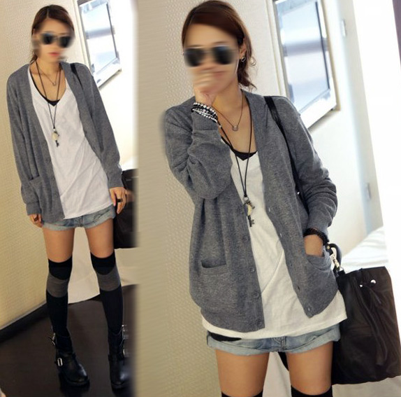 Free Shipping 2013 autumn and winter women h6533 casual all-match V-neck double pocket cardigan outerwear wholesale