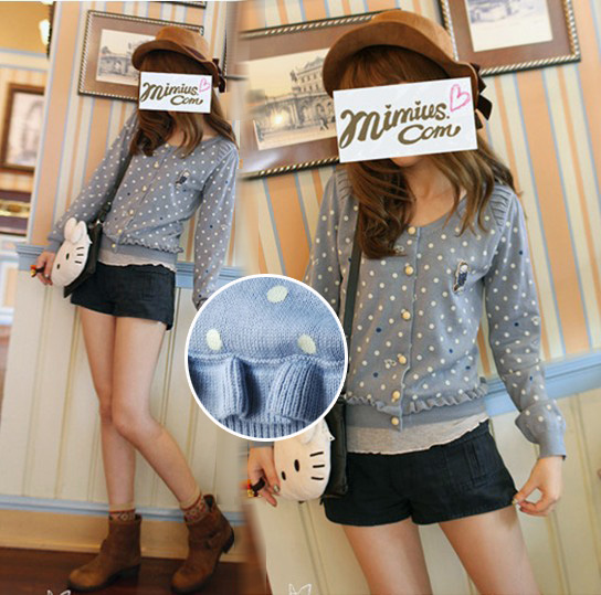 Free Shipping 2013 autumn and winter women m66028 sweet princess polka dot ruffle hem cardigan sweater outerwear wholesale