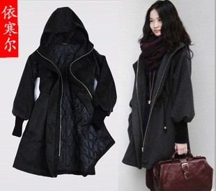 Free shipping 2013 autumn and winter women's trench sheep trophonema wool coat puff sleeve drawstring thickening outerwear