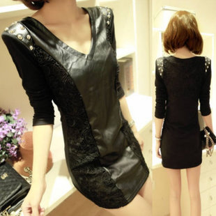 Free shipping 2013 autumn fashion summer slim punk lace patchwork rivet long-sleeve leather one-piece dress