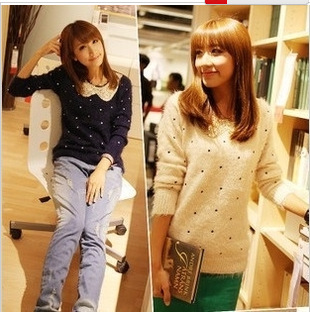Free Shipping, 2013 autumn new arrival princess sweet women's paillette peter pan collar sweater loose sweater outerwear