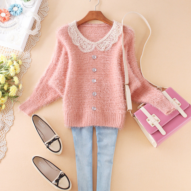 Free Shipping, 2013 autumn new arrival women's lace decoration o-neck loose batwing shirt pullover top knitted sweater female