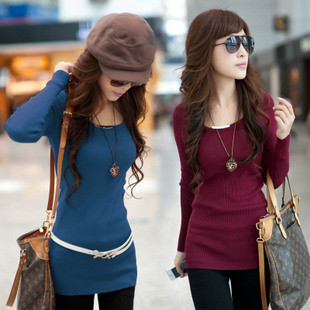 Free shipping 2013 autumn solid color women's o-neck medium-long sweater pullovers 911XIAOFANG