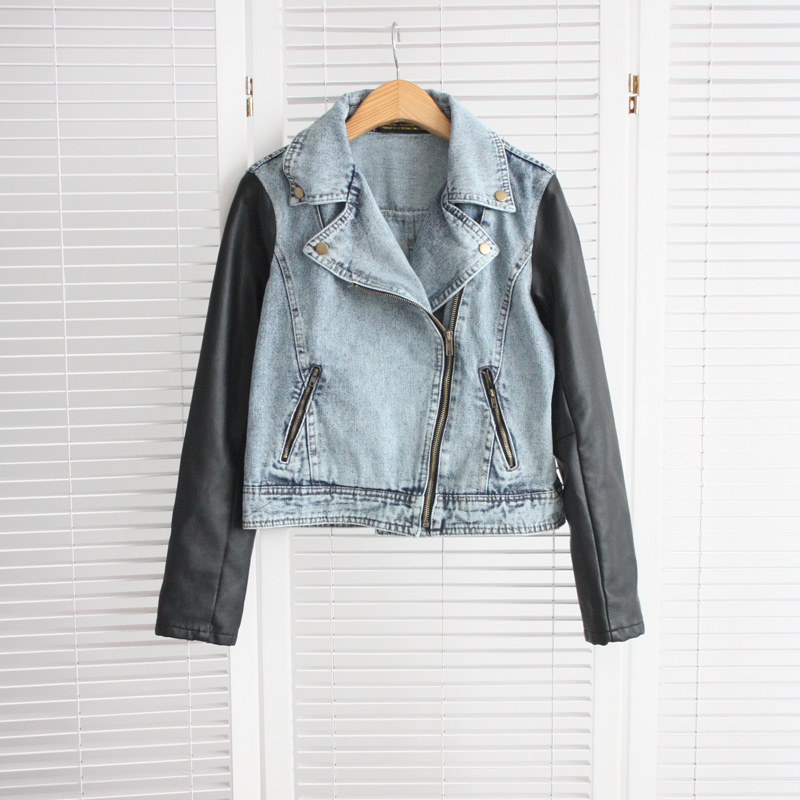 Free shipping 2013 autumn vivi hot motorcycle paragraph denim patchwork top denim short jacket New fashion