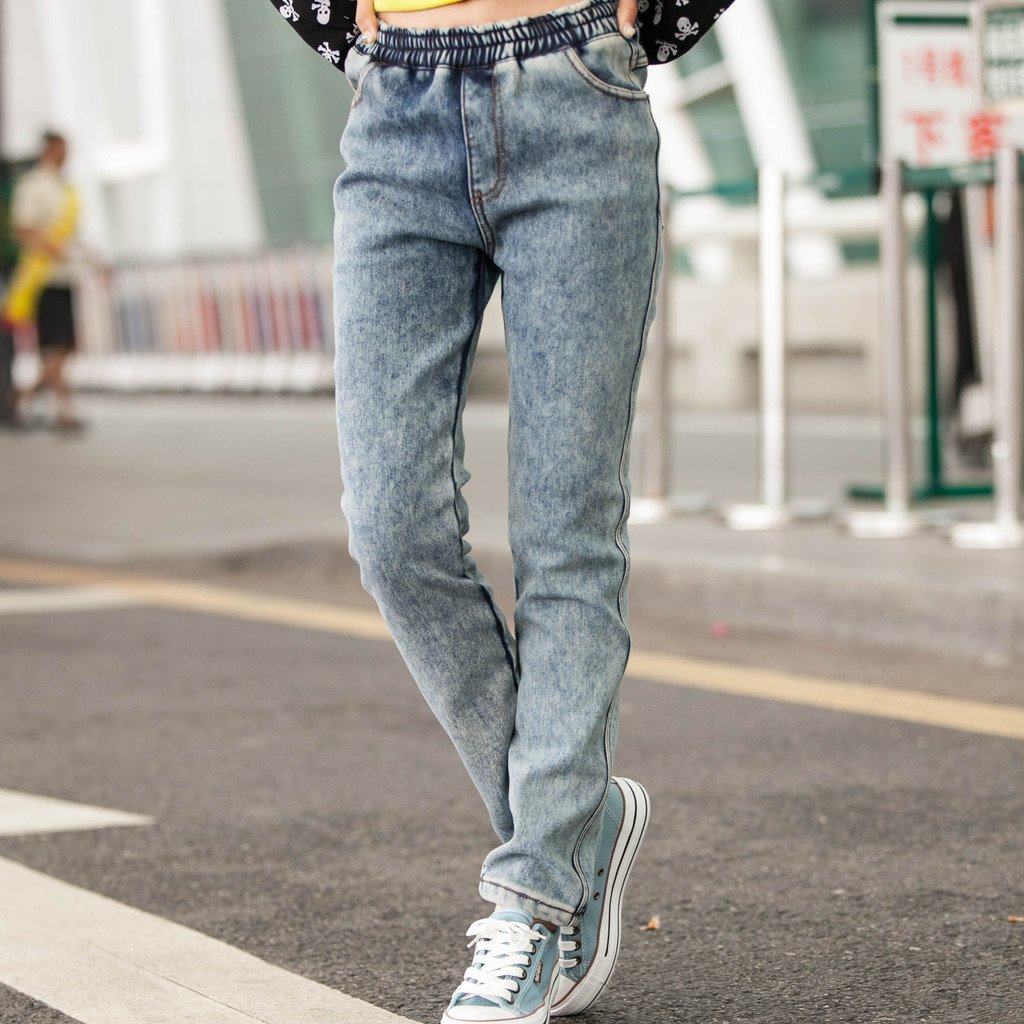 Free shipping 2013 autumn/winter casual elastic mid waist velvet thickening jeans plus size denim Women 9132YYS