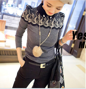 Free shipping 2013 Autumn/winter slim lace long-sleeve basic shirt puff sleeve top fashion turleneck knitted shirt 3479FWG